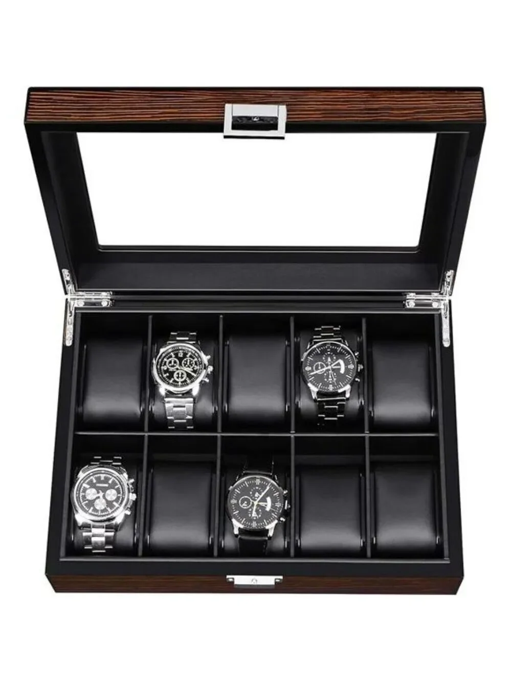 Mens Watch Display Box 10 Slot Organizer Glass Top Storage Case with Pillows